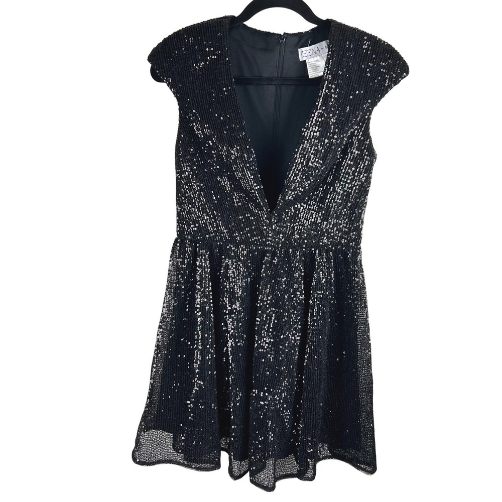 Ieena for Mac Duggal Sequin Mini Dress Deep V Black 26306 Size 2 - Picture 2 of 16